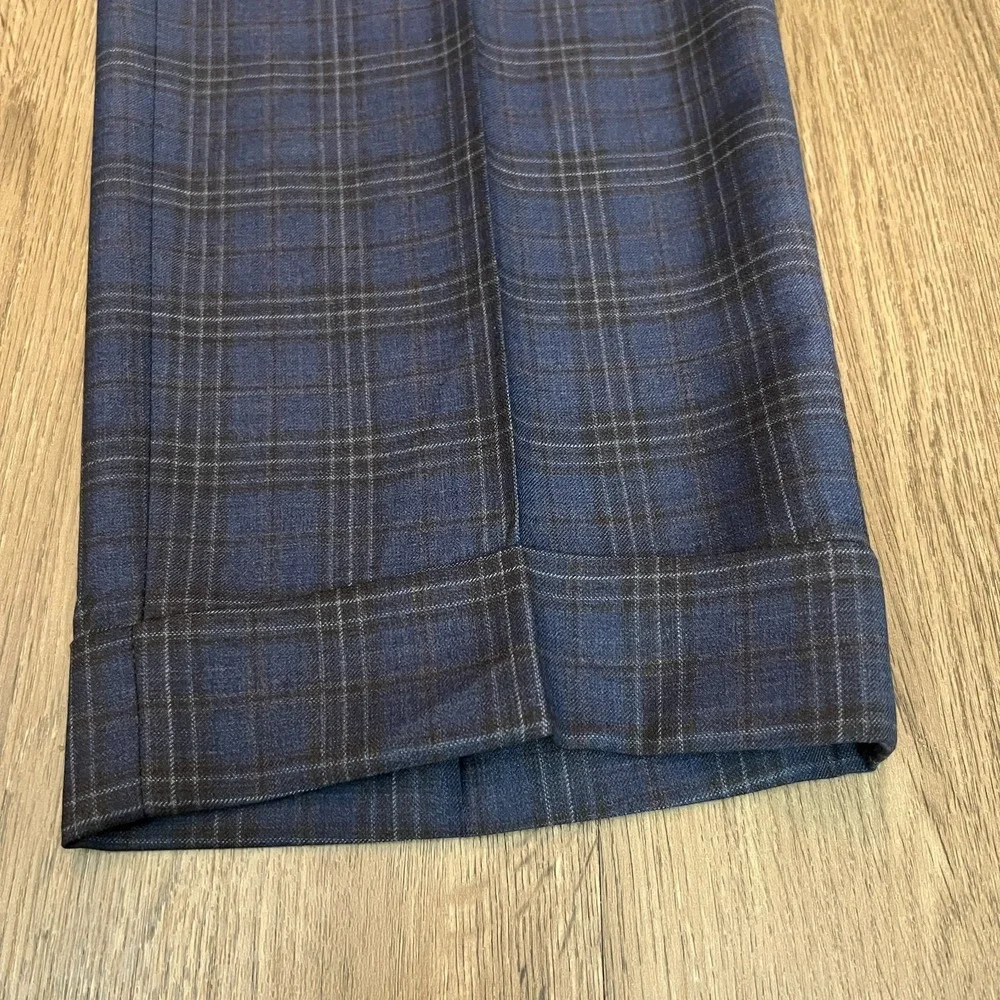 Jos. A. Bank 42L 100% Wool Navy Glen Plaid Suit Double Pleated Cuffed Pants
